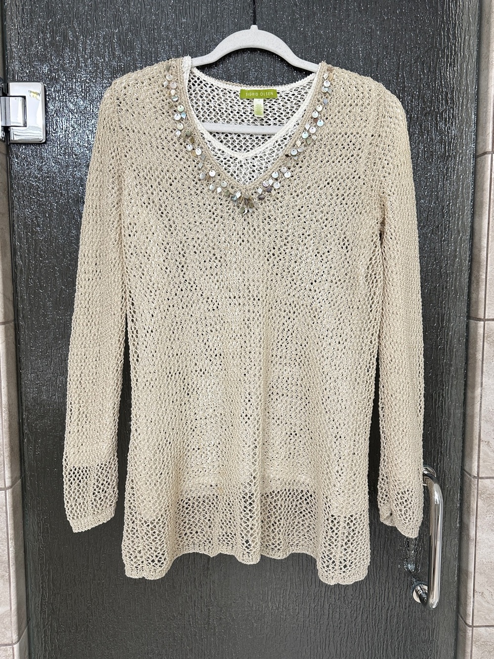 Sigrid Olsen Cream V-Neck Open Knit Sweater with Beaded Trim Size M